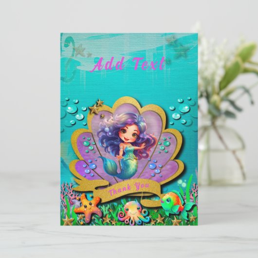 Onder De Zee & Zeemeermin Verjaardagsfeestje Bedankkaart (Staand voorkant)