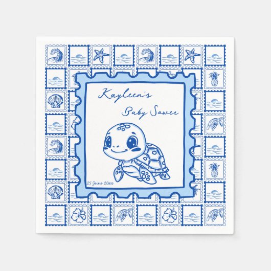 Onder de zeeschildpad retro postzegel monogram servet (Voorkant)