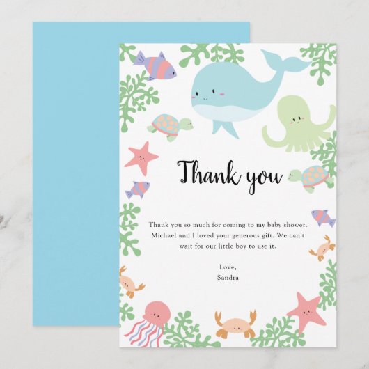 Onder het Baby shower van het Zee Hartelijk dank, Bedankkaart (Voorkant / Achterkant)