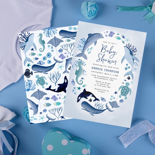 Onder het Baby shower Zee Blauwe Waterverf voor jo Kaart