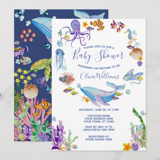 Onder het Baby shower Zee Ocean Animals Kaart (Voorkant / Achterkant)