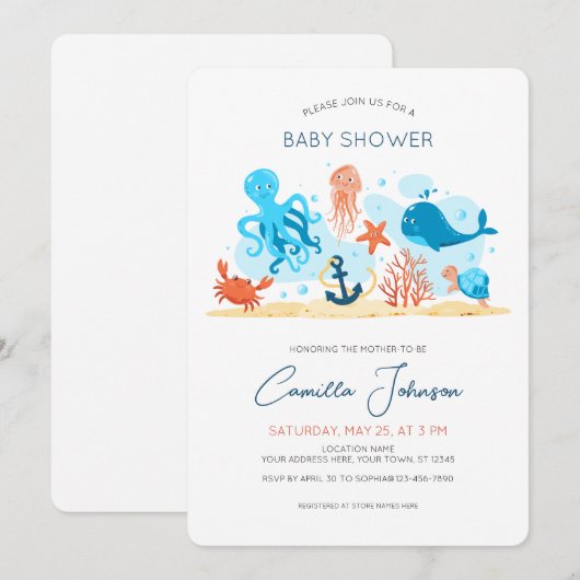 Onder het Baby shower Zee Ocean Animals Kaart (Voorkant / Achterkant)