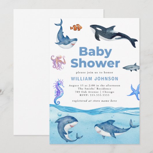 Onder het Baby shower Zee Ocean Animals Kaart (Voorkant / Achterkant)