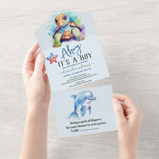 Onder het Baby shower Zee vallen All In One Uitnodiging (Afscheurbaar)