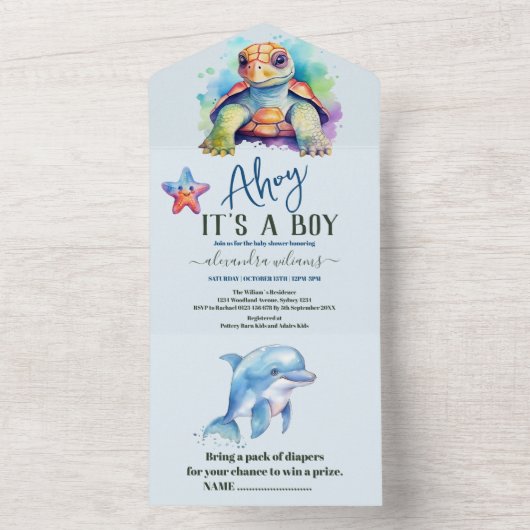 Onder het Baby shower Zee vallen All In One Uitnodiging (Binnen)