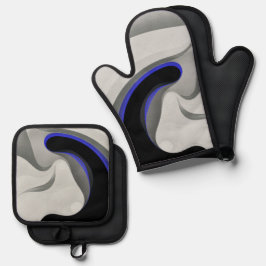 Onder het blauw: abstract grijs, zwart en blauw ovenwant & pannenlap set