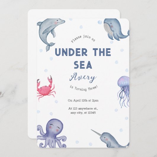 Onder het thema Zee kinderen Birthday Party Kaart (Voorkant / Achterkant)