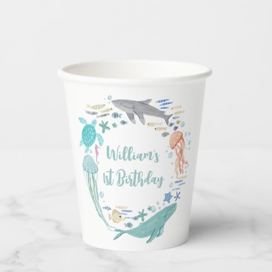 Onder het Zee 1e Verjaardag Papieren Bekers (Voorkant)