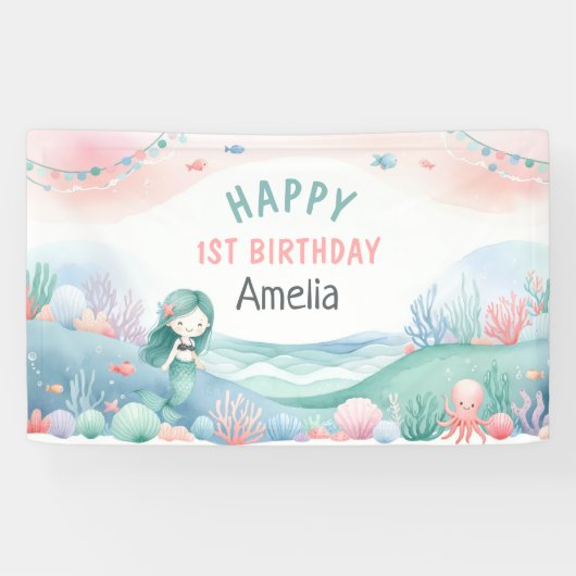 Onder-het-Zee 1e Verjaardagsviering Zeemeermin Spandoek (Horizontaal)