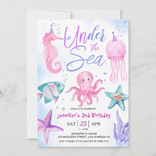 Onder het Zee! 2e verjaardag meisje roze oceaan Kaart (Voorkant)