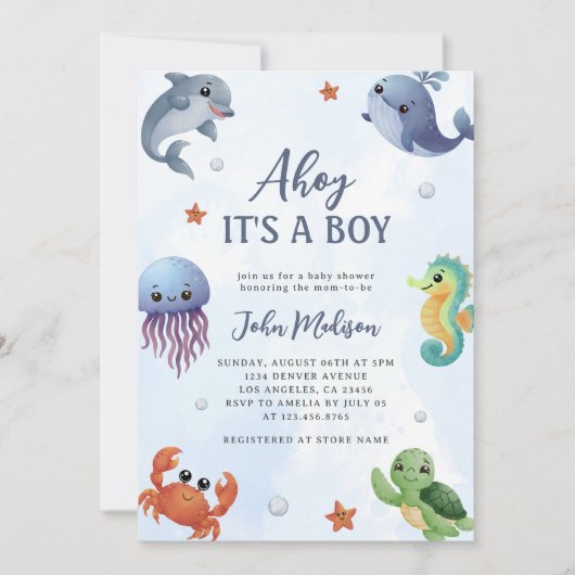 Onder het Zee Ahoy is het een Boy Blue Baby shower Kaart (Voorkant)