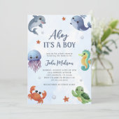 Onder het Zee Ahoy is het een Boy Blue Baby shower Kaart (Staand voorkant)