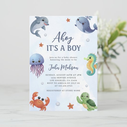 Onder het Zee Ahoy is het een Boy Blue Baby shower Kaart (Staand voorkant)