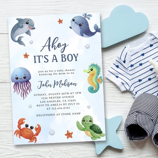 Onder het Zee Ahoy is het een Boy Blue Baby shower Kaart