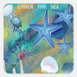 Onder het Zee Anemones Starfish Jellyfish Blue Kin Vierkante Sticker