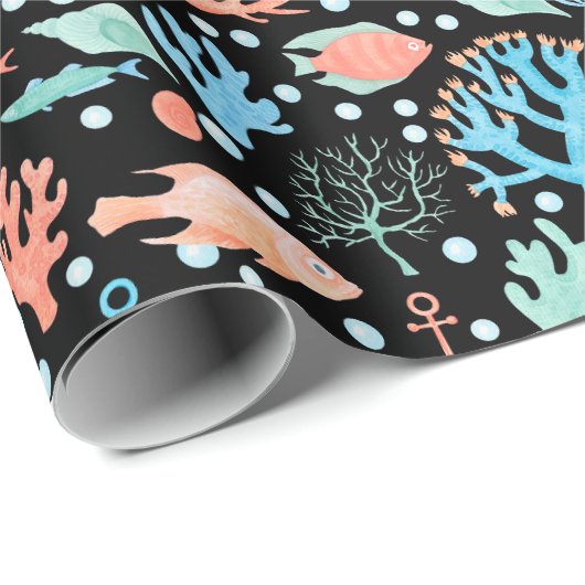 Onder het Zee Angel Fish Coral Anchor Nautical Blk Cadeaupapier (Rol Hoek)