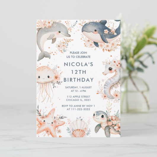 Onder het Zee Animals Birthday Party Kaart (Staand voorkant)