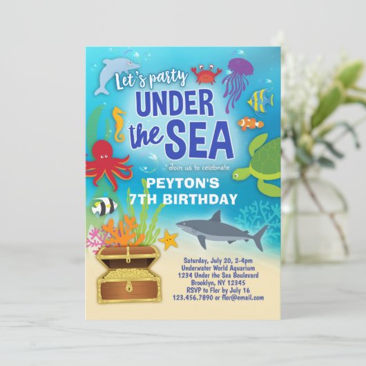 Onder het Zee Aquarium Birthday Party Kaart (Staand voorkant)