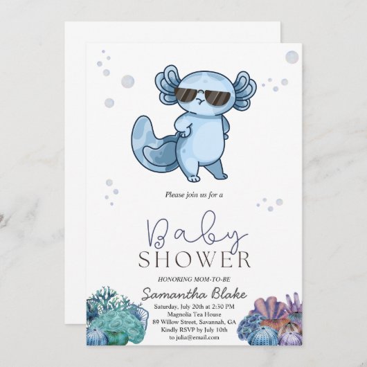 Onder het Zee Axolotl Baby shower Invitation Kaart (Voorkant / Achterkant)