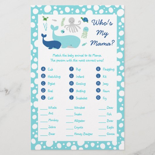Onder het Zee Baby shower Animal Match Game Flyer (Voorkant)