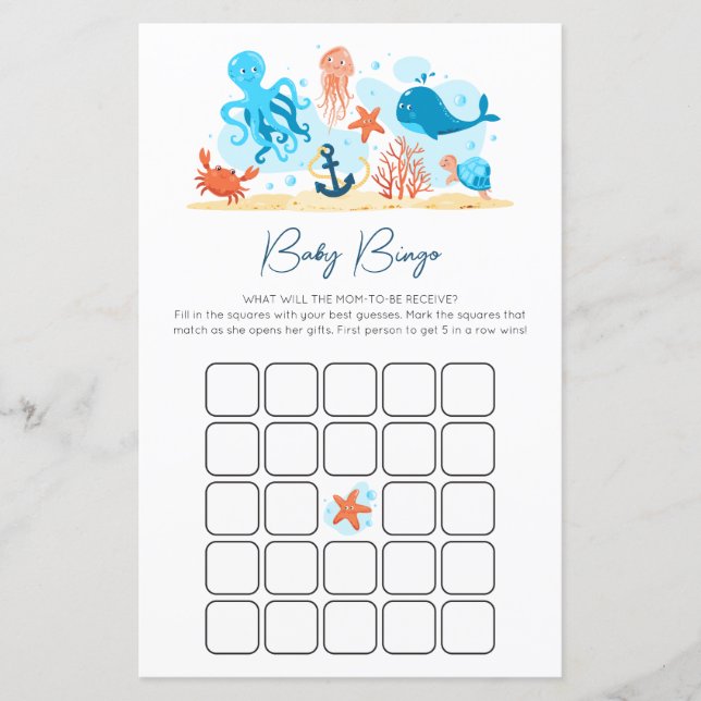 Onder het Zee Baby shower bingo spel (Voorkant)