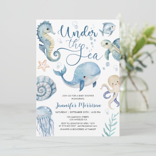 Onder het Zee Baby shower Blue Boy Waterverf Kaart (Staand voorkant)