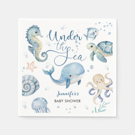 Onder het Zee Baby shower Blue Boy Waterverf Servet (Voorkant)