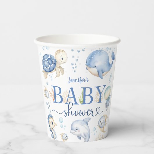 Onder het Zee Baby shower Blue Ocean Papieren Bekers (Achterkant)