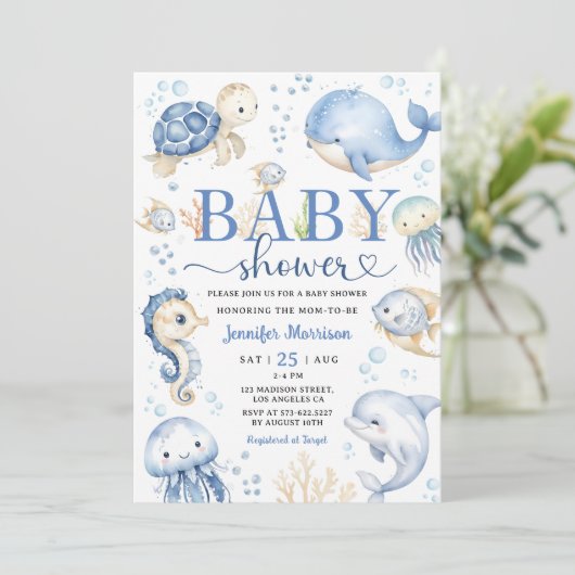 Onder het Zee Baby shower Boy Blue Ocean Kaart (Staand voorkant)