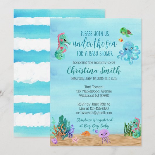 Onder het Zee Baby Shower Invitting Kaart (Voorkant / Achterkant)