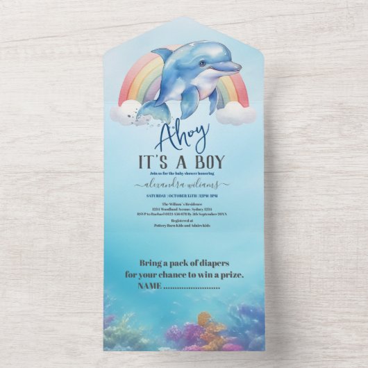 Onder het Zee Baby shower Ocean Animals Boy All In One Uitnodiging (Binnen)