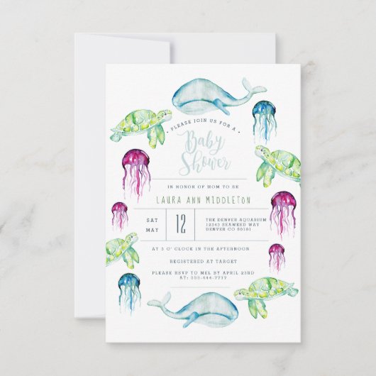 Onder het Zee Baby shower Ocean Animals Waterverf Kaart (Voorkant)