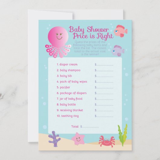 Onder het Zee Baby shower Price Game in Pink Kaart (Voorkant)