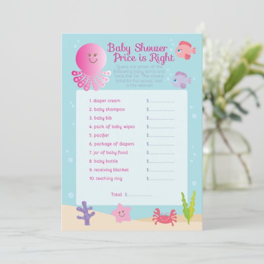 Onder het Zee Baby shower Price Game in Pink Kaart (Staand voorkant)