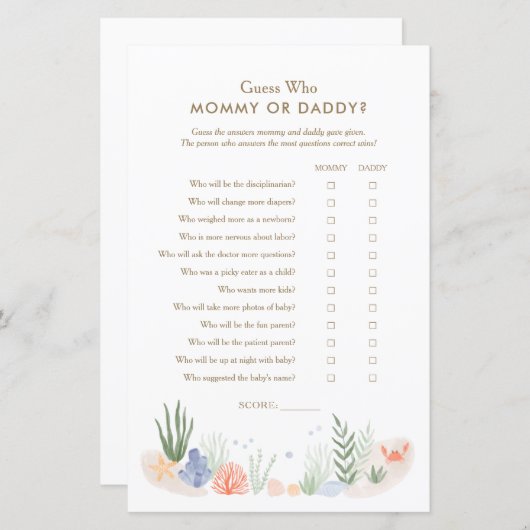 Onder het Zee Baby shower raad eens wie mama of pa (Voorkant / Achterkant)