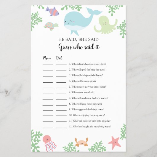 Onder het Zee Baby shower Raad wie het zei Game Flyer (Voorkant)