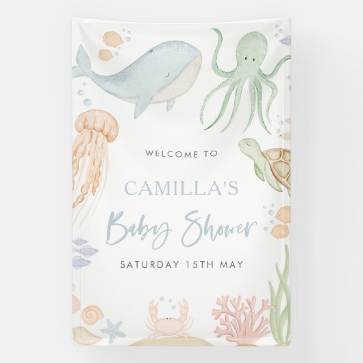 Onder het Zee Baby shower welkomstbord banner (Verticaal)