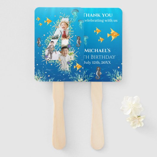 Onder het Zee Big 4th Birthday Photo Collage Handwaaier (Voorkant en achterkant)