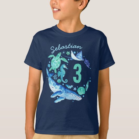 Onder het Zee Birthday Boy Waterverf Ocean Animal T-shirt (Voorkant)