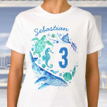 Onder het Zee Birthday Boy Waterverf Whale T-shirt<br><div class="desc">Een ontwerp voor een onder het zee feest voor je verjaardagsjongen met handgeschilderde waterverf zee wezens zoals een walvis,  schildpadden,  kwallen en zee paarden! U kunt de naam en de leeftijd aanpassen. Bekijk het hele matching party collectie.</div>