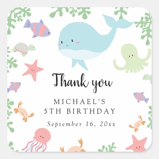 Onder het Zee "Birthday Cute Kawaii" Hartelijk dan Vierkante Sticker (Voorkant)