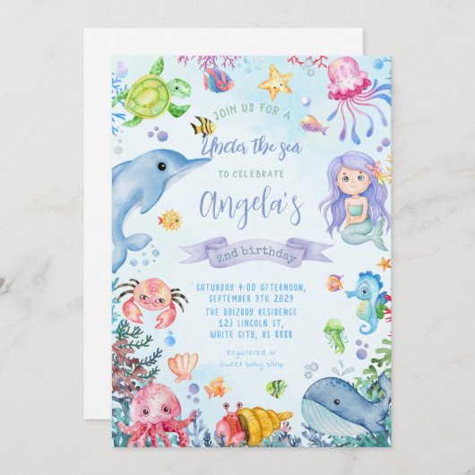 Onder het Zee Birthday Party Kaart (Voorkant / Achterkant)