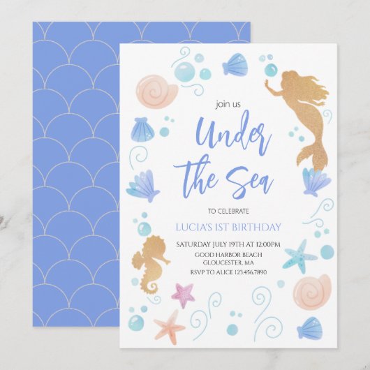 Onder het Zee Birthday Party Kaart (Voorkant / Achterkant)