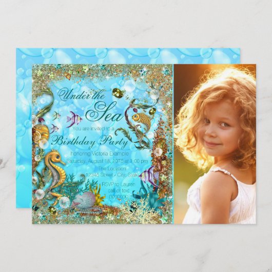 Onder het Zee Birthday Party Kaart (Voorkant / Achterkant)