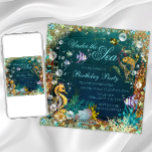 Onder het Zee Birthday Party Kaart<br><div class="desc">Onder het zee verjaardagsfeestuitnodiging met prachtige goudvissen en zeepaardjes, schelpen en parels op een fancy blauwgroen blauw-gouden glitter achtergrond. Deze mooie onder het zee verjaardagsfeestuitnodiging wordt gemakkelijk aangepast voor uw evenement door eenvoudig uw gegevens toe te voegen in de lettertypestijl en -kleur en -formulering van uw keuze. Dit is een...</div>