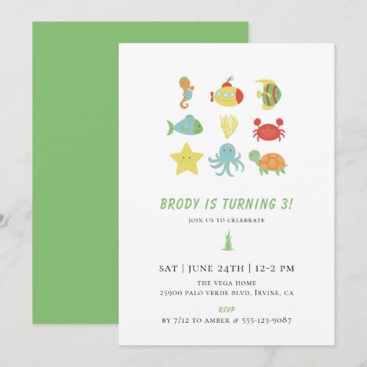 Onder het Zee Birthday Party Kaart (Voorkant / Achterkant)