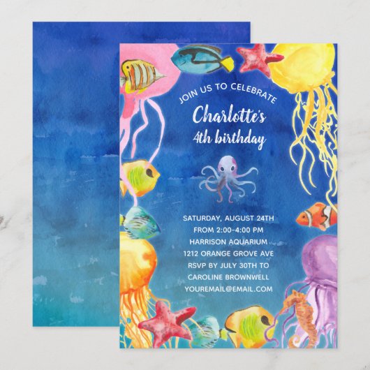 Onder het Zee Birthday Party Kaart (Voorkant / Achterkant)