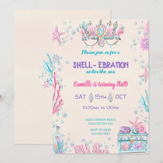 Onder het Zee Birthday Party Kaart (Voorkant / Achterkant)