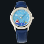 Onder het zee blauw de haaienblauw van de duiker n horloge<br><div class="desc">Blauwe achtergrond,  bubbels,  blauwe golven,  een duiker en een haai. Sjabloon voor de naam van het kind. Hand lettered stijl script in het wit. Witte getallen.</div>