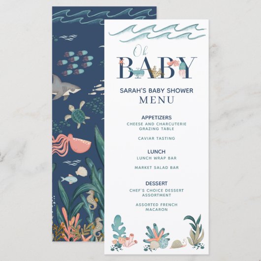 Onder het Zee Blauwe Waterverf Oh Baby shower Menu (Voorkant / Achterkant)